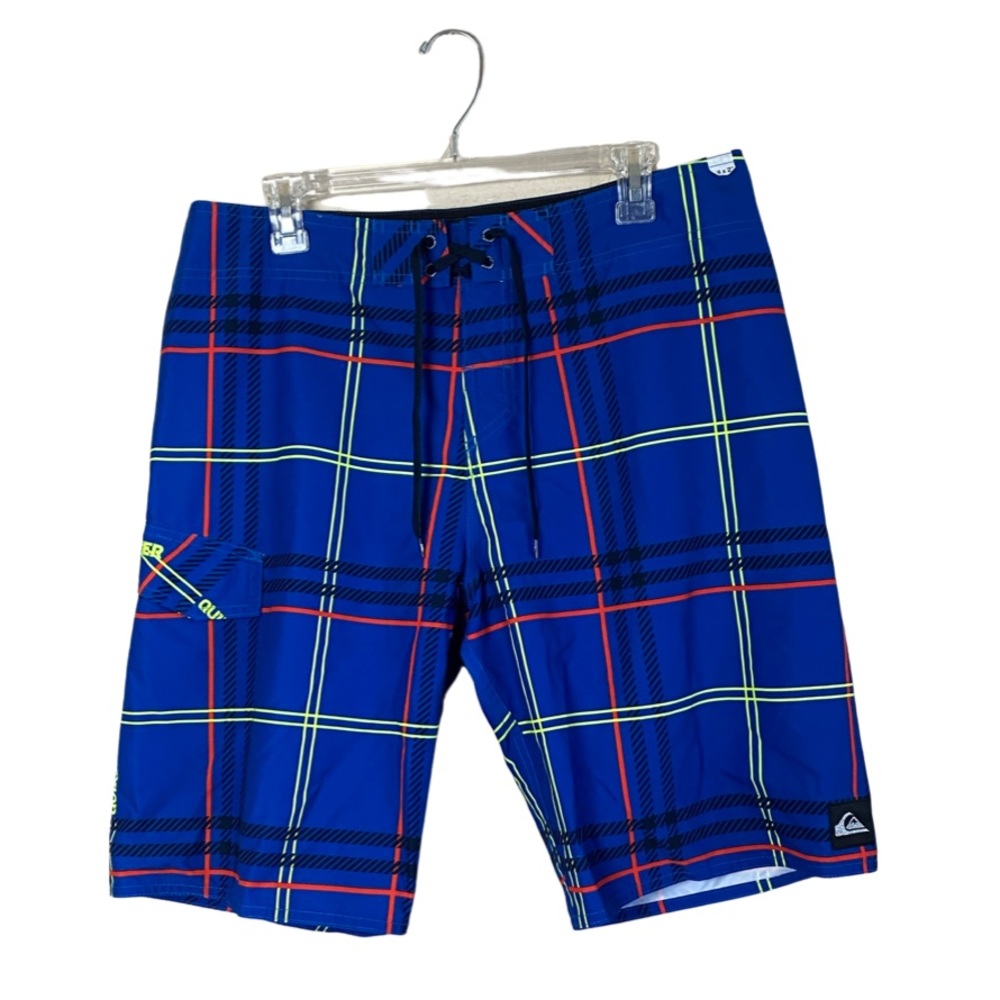 Quicksilver Blue Windowpane Plaid Unlined Swim Trunks Size 34”